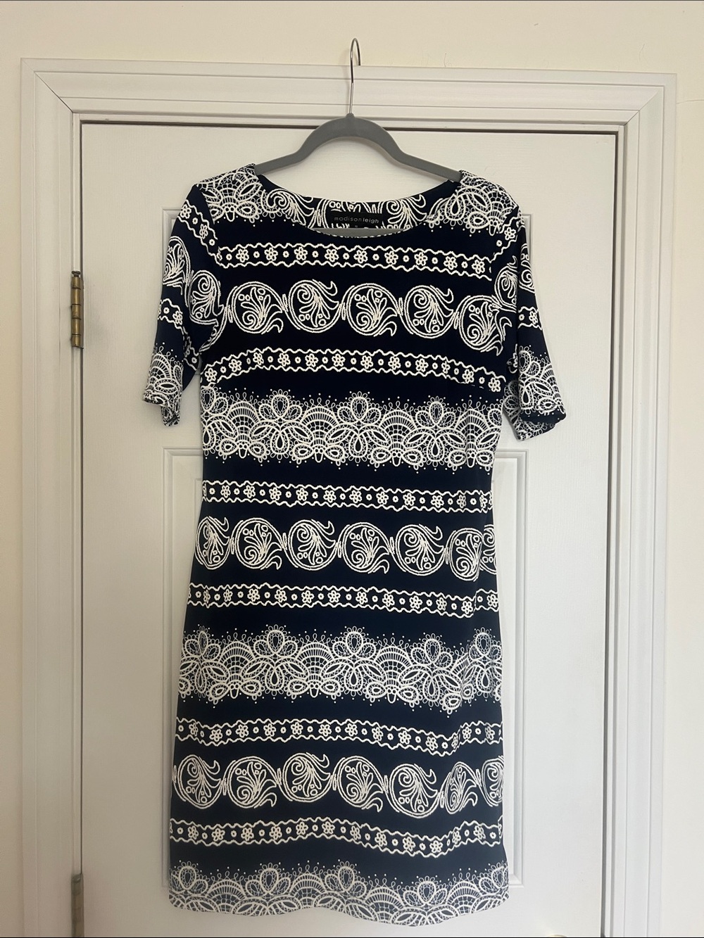 madison leigh Navy and White Striped Lace-Print Midi Dress